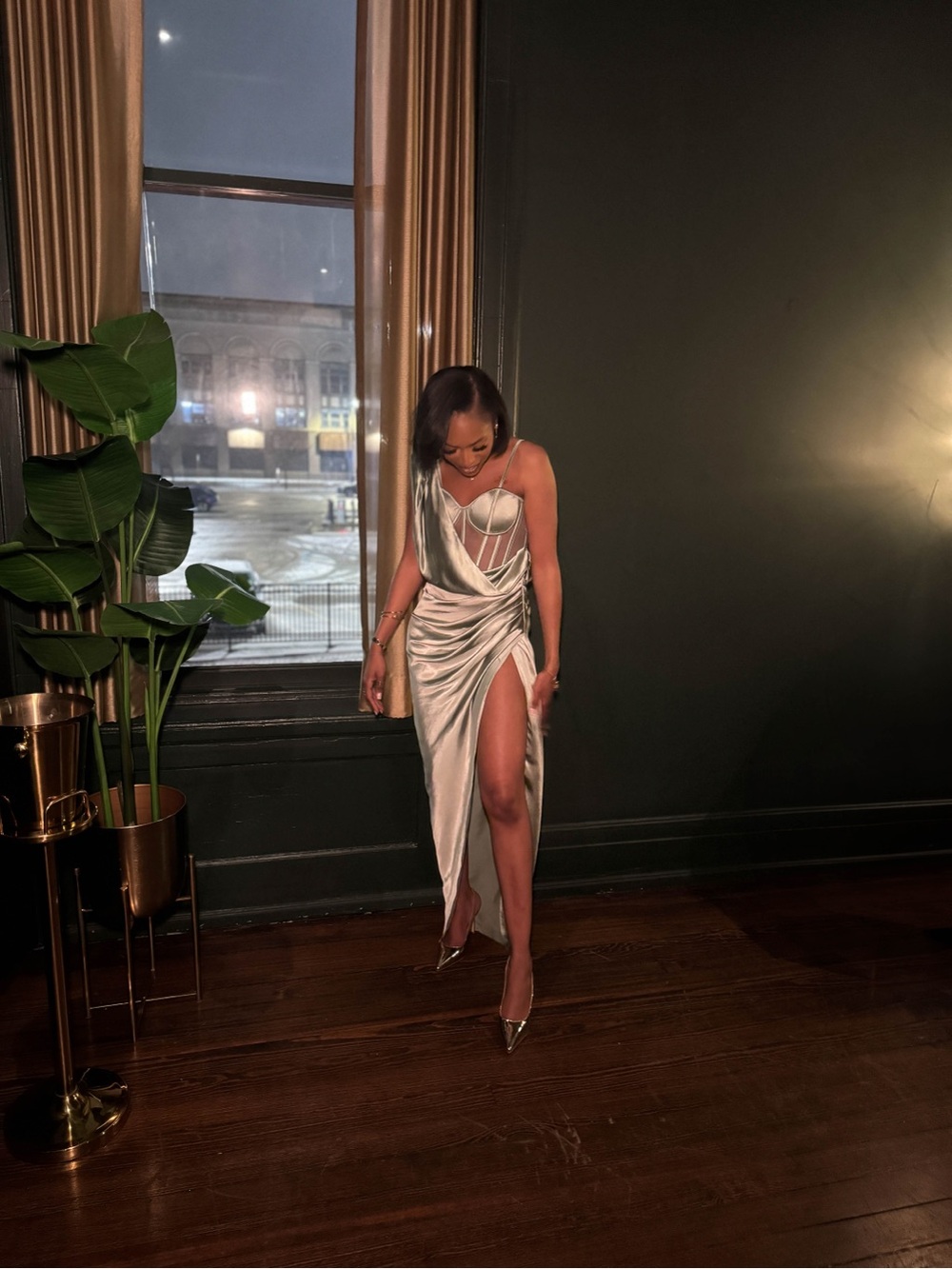 Satin Draped Slip Dress with Thigh Slit